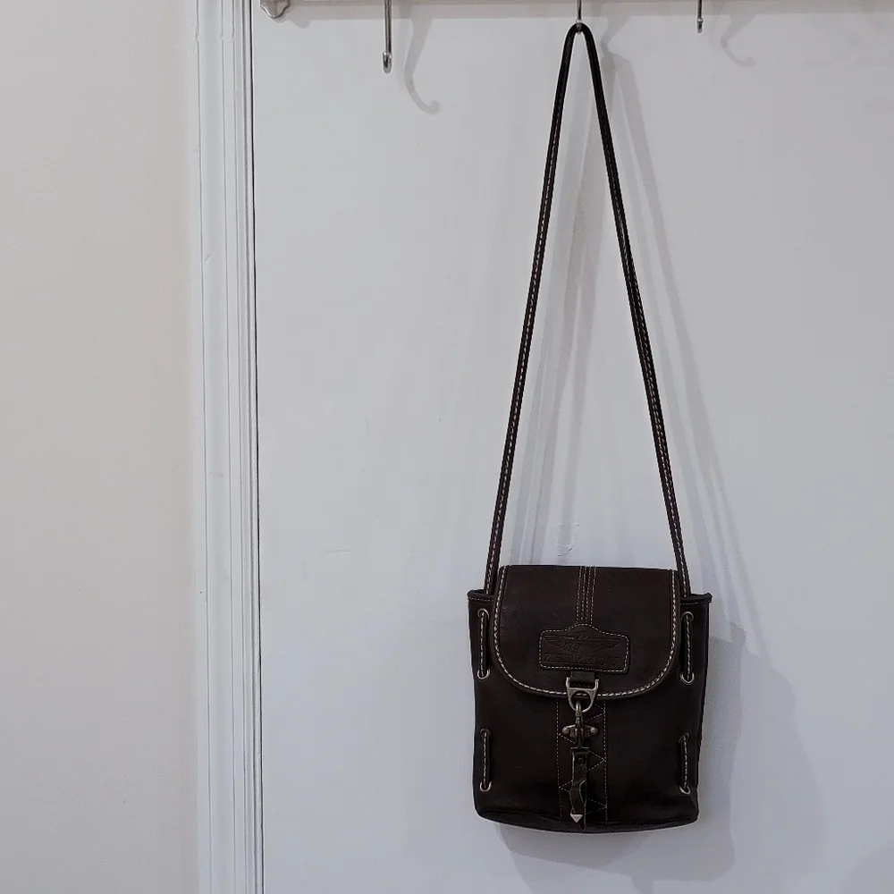 Zhi Zhou Crossbody Bag Flap Top Brown with Contrast Stitching
